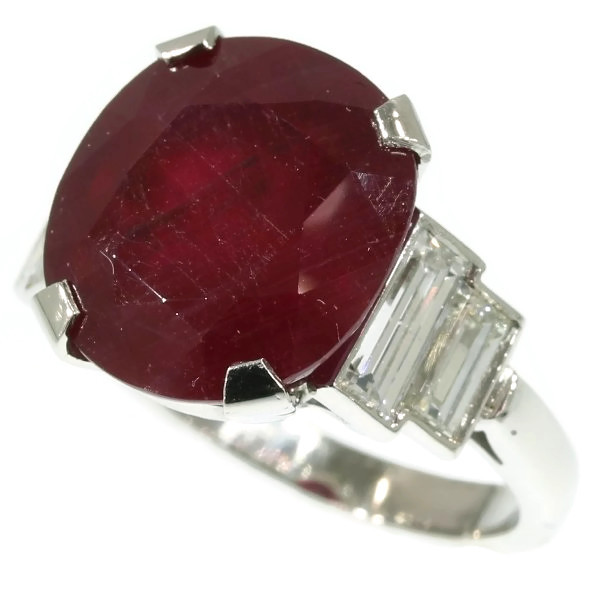 Platinum estate diamond engagement ring with huge ruby of almost 10 carats